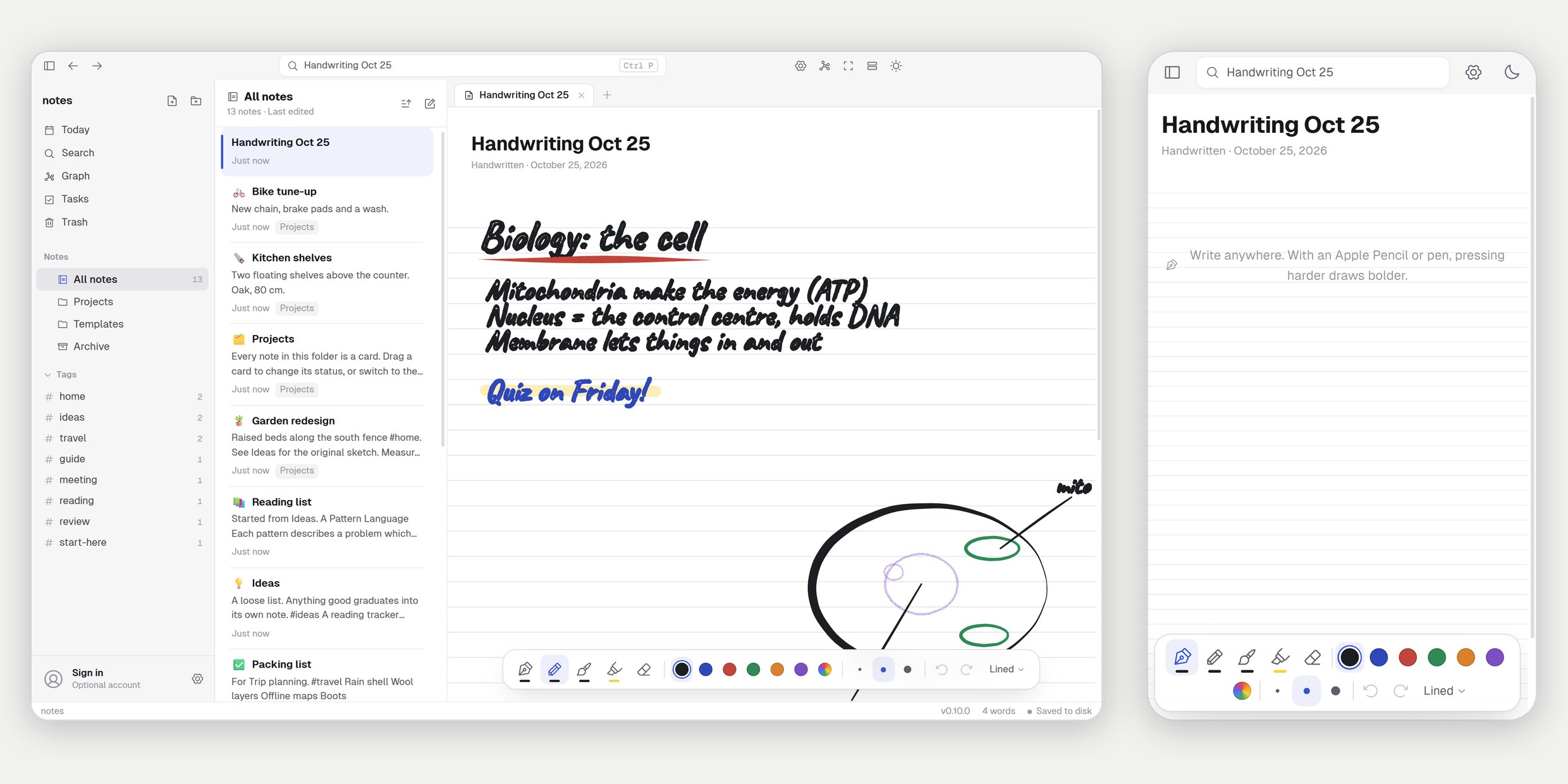 A handwritten page in Feather on a computer and on an iPhone: notes about the cell in handwriting, a highlighted reminder, a drawing, and the pen palette at the bottom.