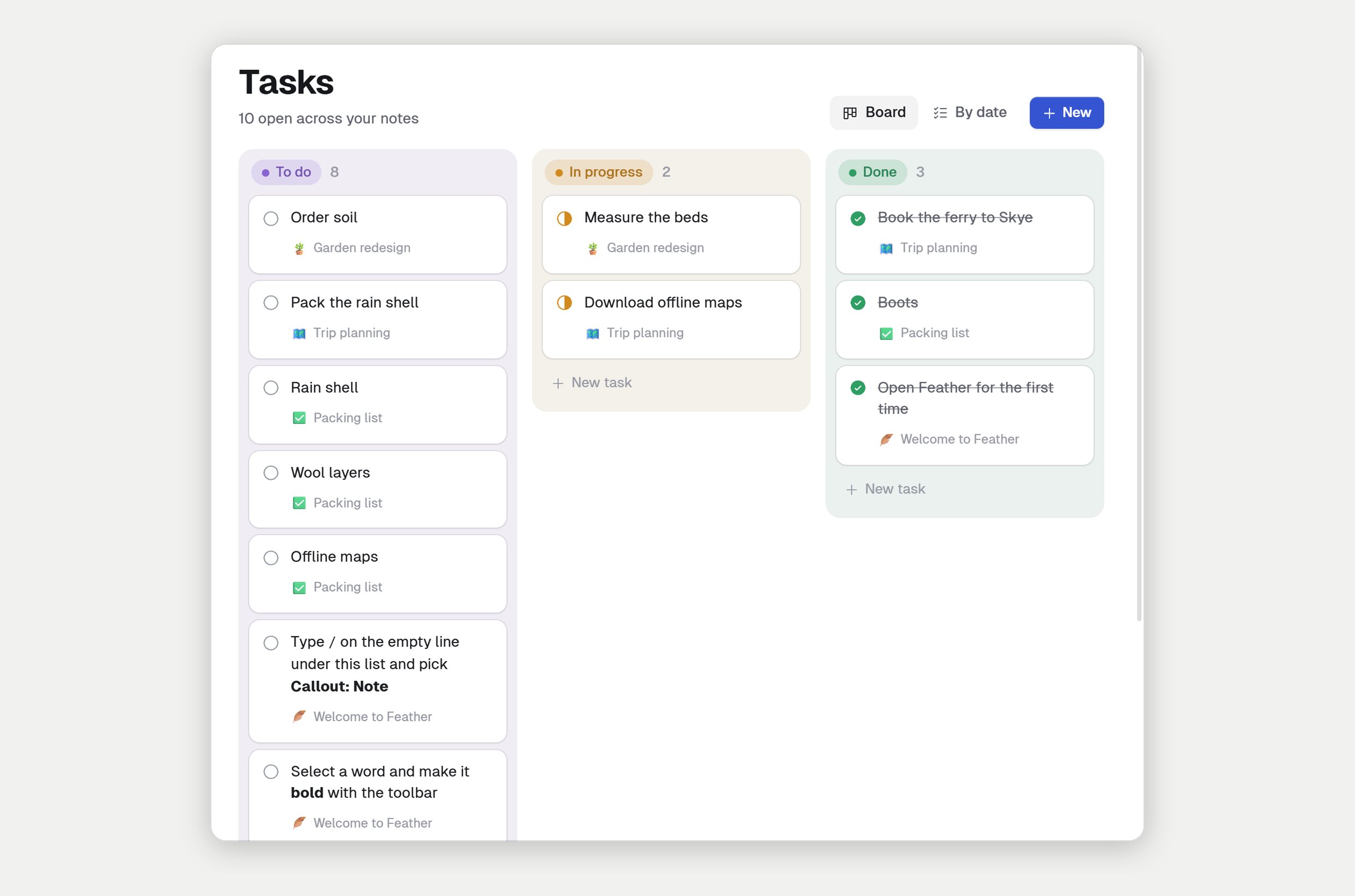 The Tasks board: To do, In progress and Done columns of cards, each showing the task and the note it's in.