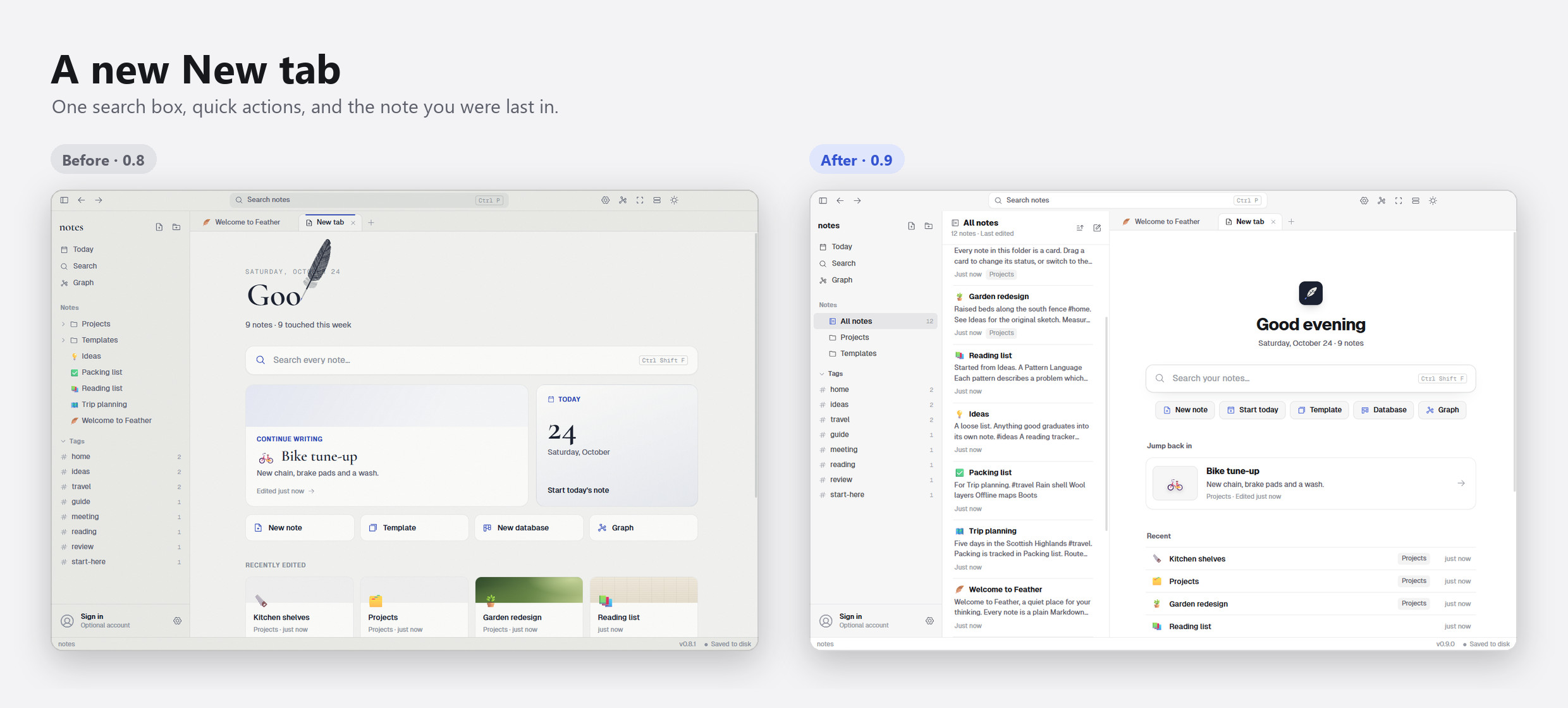 The old and new New tab side by side