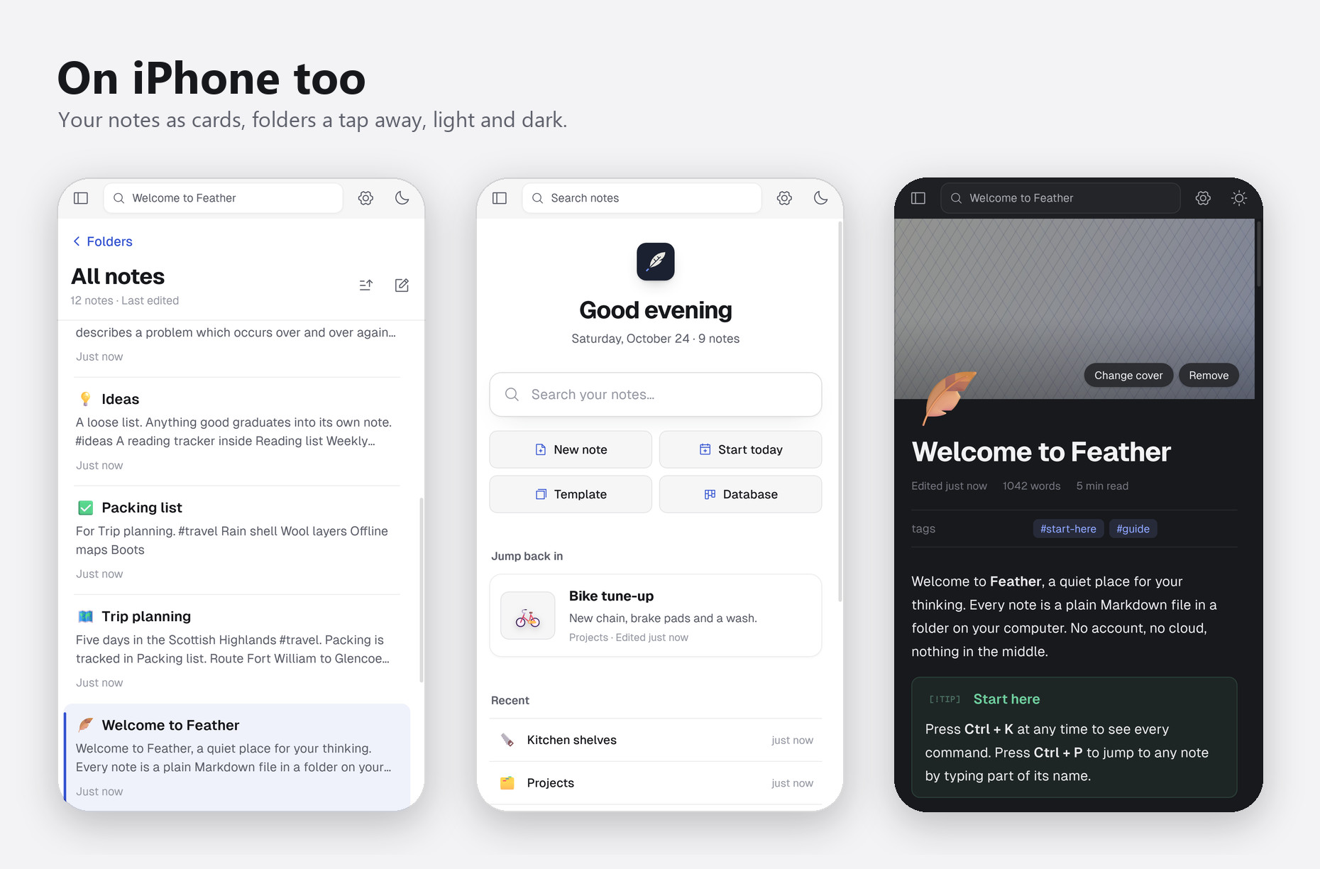 Three iPhone screens: the note list, the New tab and a note in dark mode